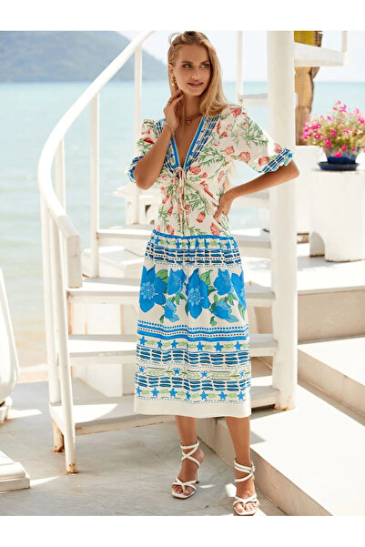 Iuliashop Rochie midi albă Iolanda cu imprimeu floral multicolor - S