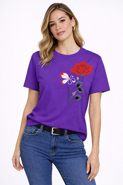 VODEXA Tricou oversize pentru femei, cu imprimeu RED ROSE, 100% bumbac, croia...