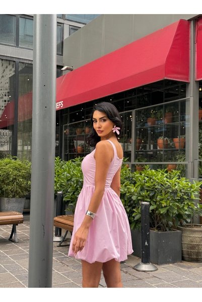 ÇEÇİM Balon Etekli Kare Yaka Mini Elbise