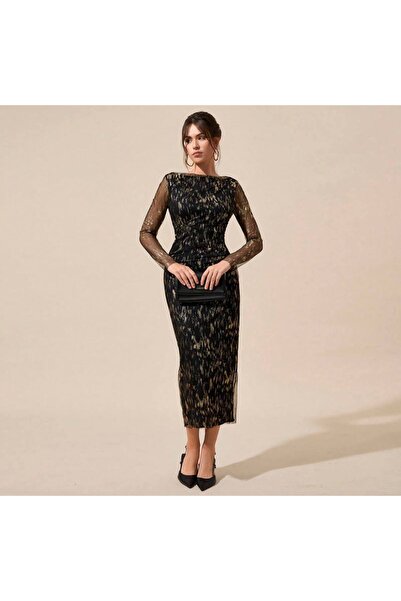 elbisereyonda φόρεμα από τούλι σιφόν με στάμπα από χρυσό φύλλο