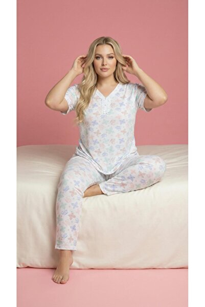 MEBA Γυναικείο σετ πιτζάμες από χτενισμένο βαμβάκι με μεγάλο σχέδιο, κουμπιά ...