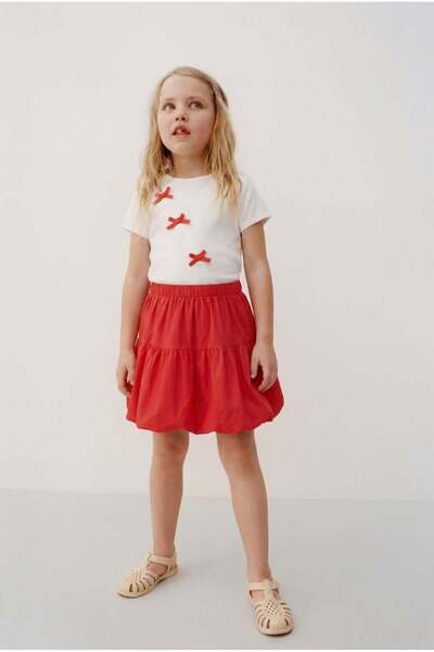 Magu Κοριτσίστικο Βαμβακερό Εκρού Κόκκινο Σετ Φούστας και Μπλουζάκι με Λεπτομ...