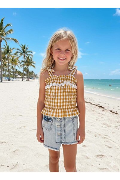 Hilal Akıncı Kids Σετ με καρό μπλούζα με βολάν και τζιν φούστα με κουμπιά για...