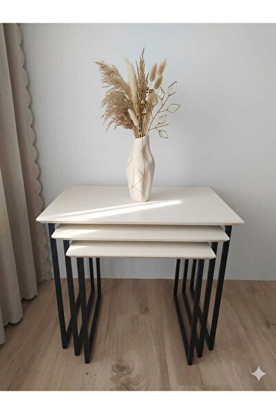 HoşEvim 3'lü Metal Ayaklı Zigon Sehpa (Kırık beyaz)(62x42)(52x42)(42x42)