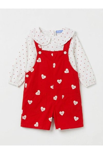 Laciel Prs Red Heart Patterned Salopet & Heart-Shaped Shirt Girls' Set for Holidays