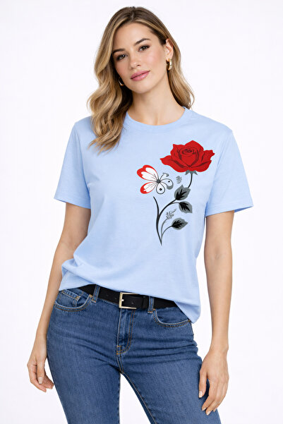 VODEXA Γυναικείο μπλουζάκι oversize RED ROSE με στάμπα, 100% βαμβακερό, άνετη...