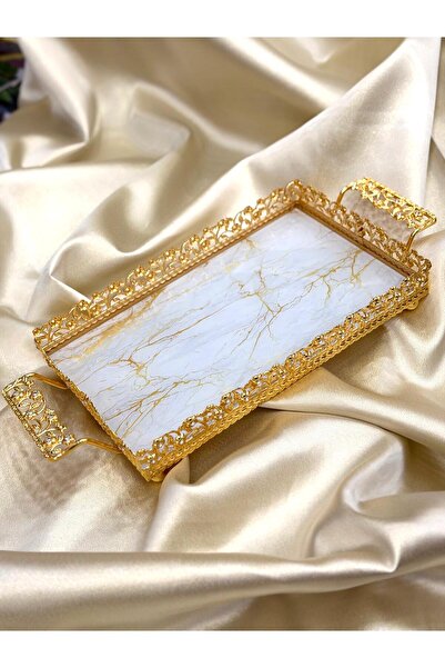 GÜRLEK TEKSTİL Efsane Χρυσός Ορθογώνιος Δίσκος Σερβιρίσματος με Μαρμάρινο Σχέ...