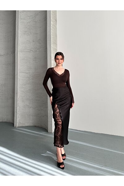 solena sln Γυναικεία καφέ σατέν δαντελένια φούστα με σκίσιμο, μήκους μίντι, ψ...