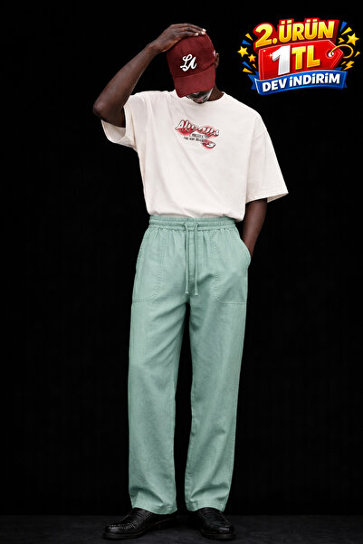 DAMGA JEANS Men's Low Waist Premium Loose Fit Green Linen Trousers