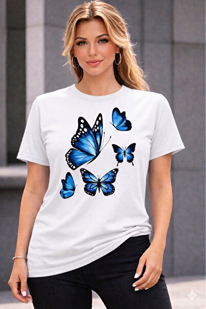 VODEXA Υπερμεγέθη μπλουζάκια BLUE BUTTERFLIES με στάμπα, 100% βαμβακερό, άνετ...