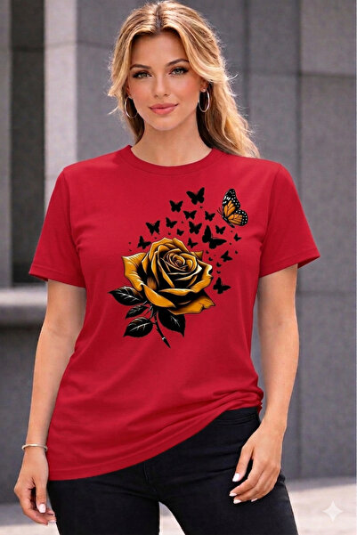 VODEXA Γυναικείο μπλουζάκι oversize με στάμπα YELLOW ROSE, 100% βαμβακερό, άν...