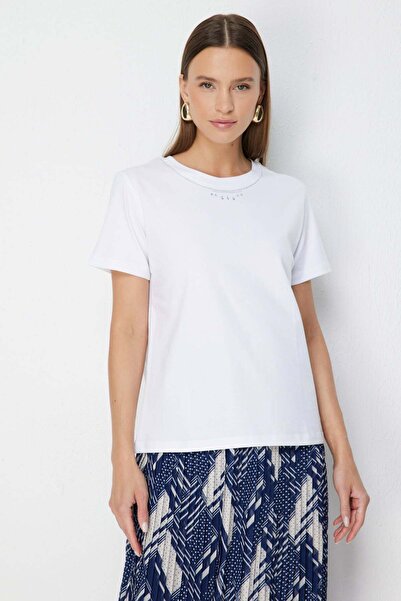ON Tricou din bumbac cu pietre la guler
