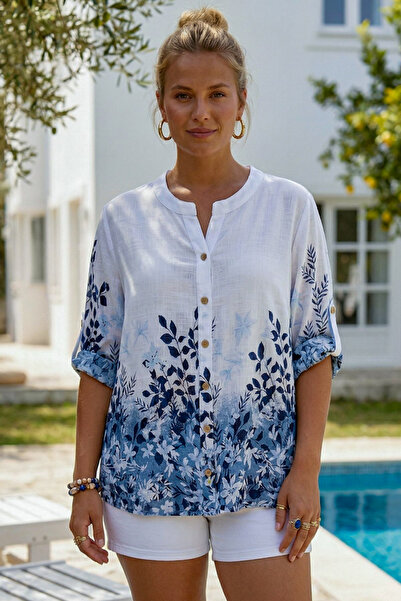 Chiccy Λευκό-Μπλε πουκάμισο με γιακά, κουμπιά, μανίκια 3/4, λουλουδάτο σχέδιο...