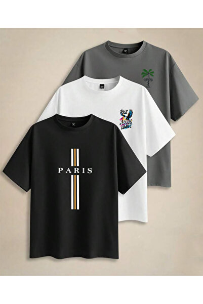 SUNFREE TREND MIX Τυπωμένο 3-συσκευασία Oversize Basic Unisex κοντομάνικο μπλ...