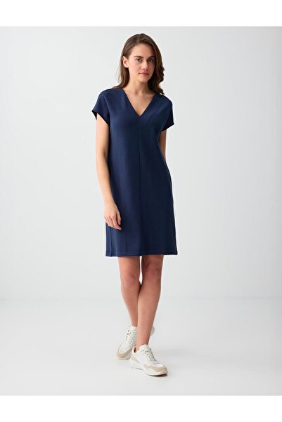 Jimmy Key Μπλε ναυτικό πλεκτό μίνι φόρεμα με V λαιμόκοψη και ανοιχτούς ώμους