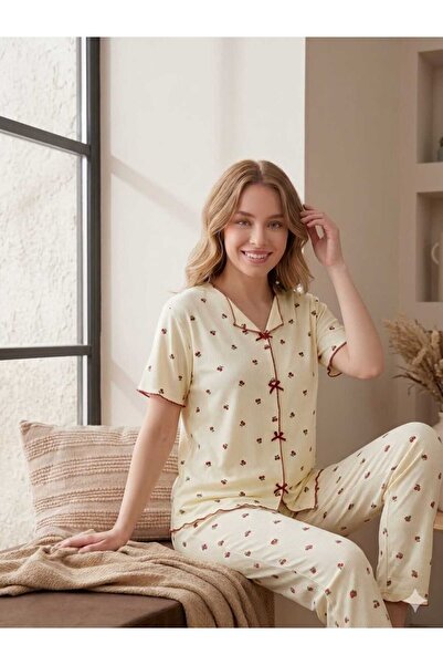 HM CEVHER Βαμβακερό υφασμάτινο σετ πιτζάμες με φιόγκο μπροστά και μισό μανίκι