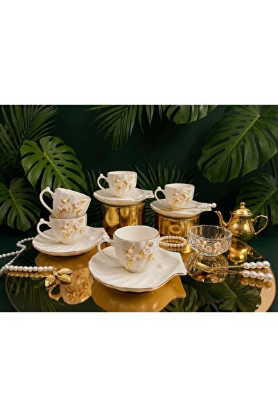 Elta Collection 6 Kişilik İstiridye Tasarımlı Papatya Figürlü Türk Kahvesi Fi...