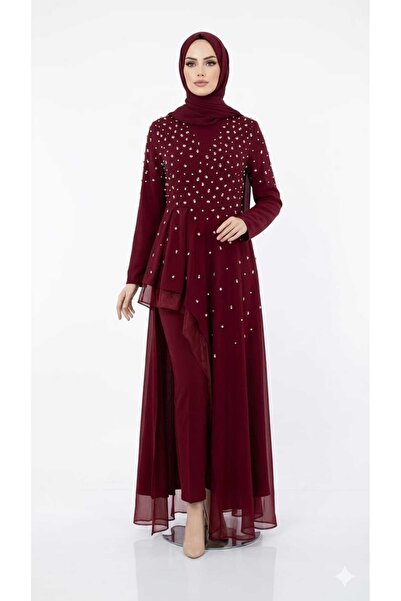Zeyn KADIN ABAYA TAŞ İŞLEMELİ BELDEN VOLANLI KRUVAZE YAKA UZUN ŞIK ELBİSE
