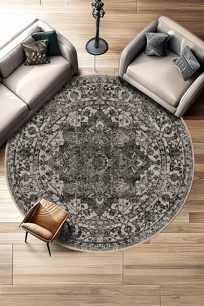 BigArts Home Siyah Gri Klasik Eskitme Şönil Salon Mutfak Halısı Yuvarlak Yoll...