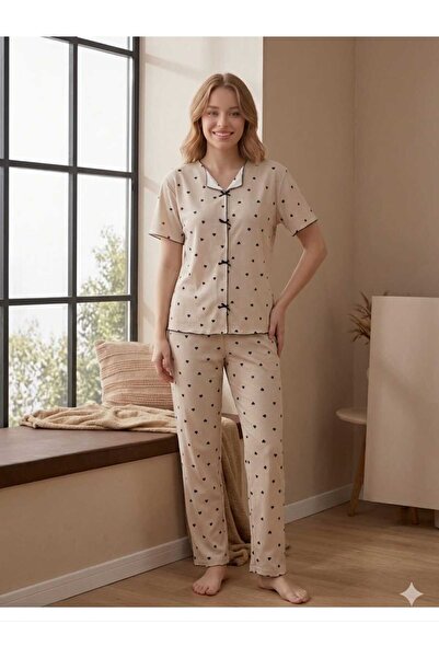 HM CEVHER Βαμβακερό υφασμάτινο σετ πιτζάμες με φιόγκο μπροστά και μισό μανίκι