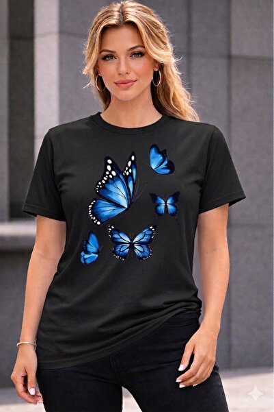 VODEXA Υπερμεγέθη μπλουζάκια BLUE BUTTERFLIES με στάμπα, 100% βαμβακερό, άνετ...