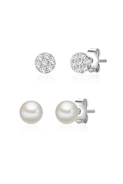 Lulu & Jane Modeschmuckohrstecker 2er Set Ohrstecker Perle weiß Zirkonia weiß