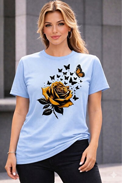 VODEXA Γυναικείο μπλουζάκι oversize με στάμπα YELLOW ROSE, 100% βαμβακερό, άν...