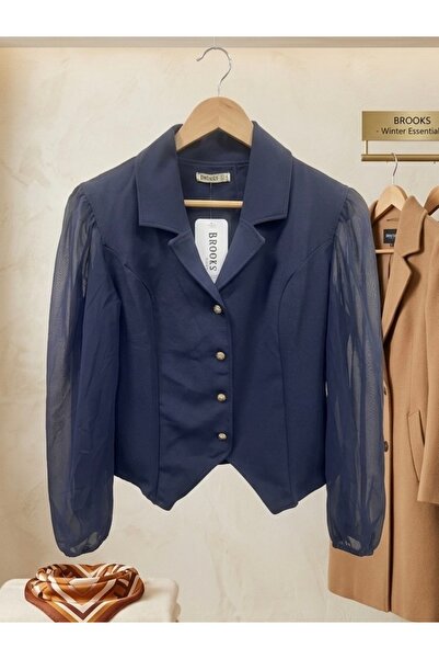 ARICA GİYİM Lacivert Şifon Kollu Kısa Blazer Ceket