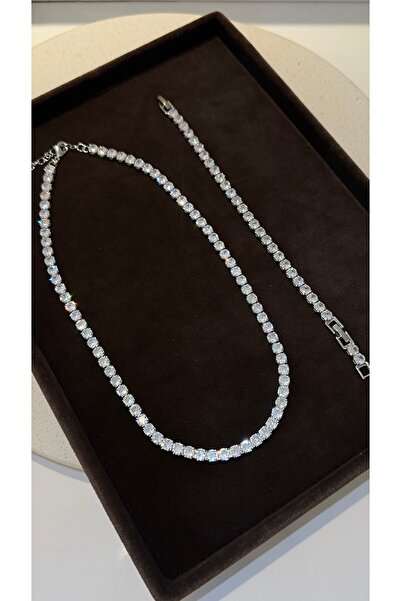 GLARE JEWELRY CO 5mm Gümüş Pırlanta Montür Dönmeyen Suyolu Kolye-Bileklik Set...