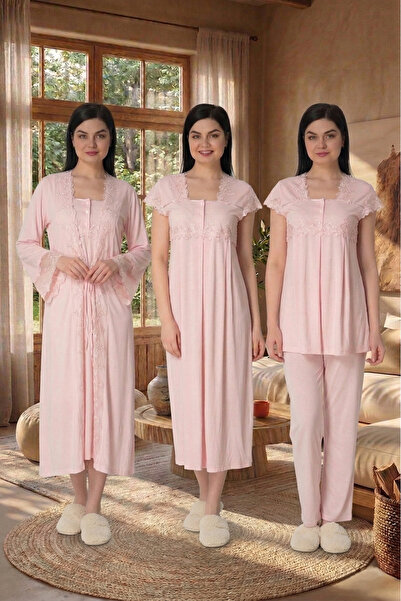 Lohusa Homewear Νέα σεζόν Ροζ Κομψό Δαντελένιο Σετ Καλοκαιρινό με Κουμπιά Κον...