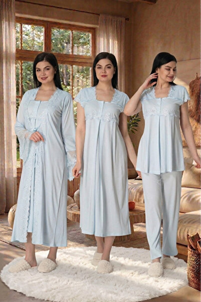 Lohusa Homewear طقم بيجامة نوم أنيق بأكمام قصيرة وأزرار صيفية مزينة بالدانتيل...