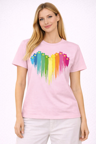 VODEXA Tricou oversize pentru femei, cu imprimeu COLORFUL HEART, 100% bumbac,...