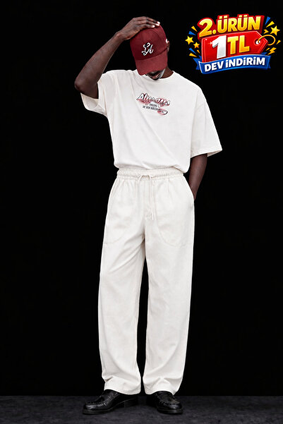 DAMGA JEANS Men's Low Waist Premium Loose Fit White Linen Trousers