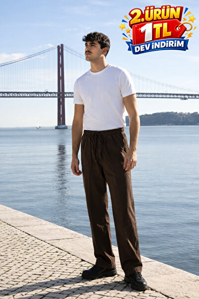 DAMGA JEANS Ανδρικό λινό παντελόνι Jogger με ελαστική μέση σε σκούρο καφέ χρώμα