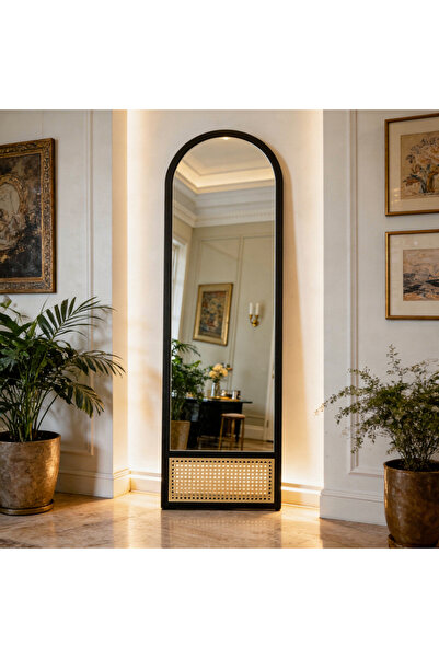 Ebticar Black Wood and Rattan Frame Floor Mirror Rounded Top Sophisticated Look