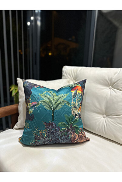 Lüks Turkuaz Tropikal Desenli Kırlent Kılıfı 45x45 cm - Egzotik Bahçe Temalı Modern Dekoratif Yastık