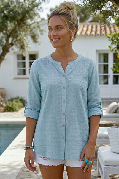 Chiccy Ανοιχτό μπλε υφαντό πουκάμισο με γιακά, κουμπιά, μανίκια 3/4, κεντημέν...