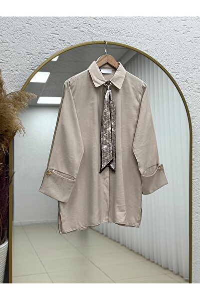 MİHRA STORE Adıgül Hidden Patchwork Scarf Sleeve Cuff Tunic-Şa1192 Stone