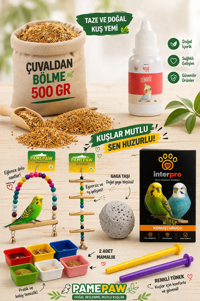 PAMEPAW Muhabbet Kuşu Yem Ve Ihtiyaç Seti 10 Parça