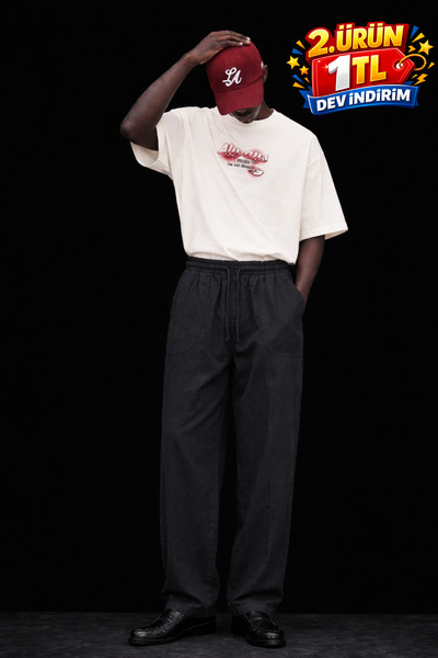 DAMGA JEANS Men's Low Waist Premium Loose Black Linen Trousers