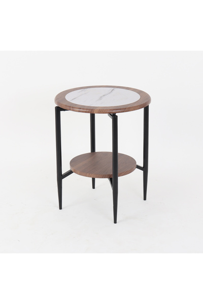 Vi Markets A modern round side table with a dual-tier design, featuring a wood and marble top