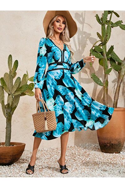 Iuliashop Rochie midi neagră din țesătură cu imprimeu albastru - M