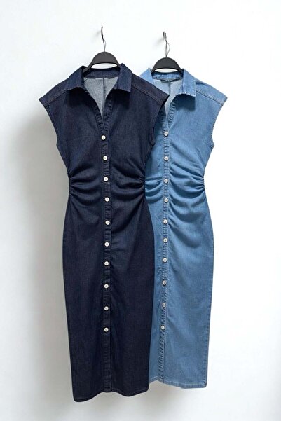 Mine Tan Butik Γυναικείο τζιν φόρεμα με λεπτομέρεια στη μέση - Μπλε