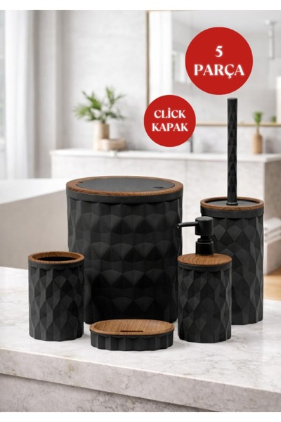 Store Hgy Home Ξύλινο Λεπτομερές Μαύρο Σετ Μπάνιου με Διαμάντια 5 τεμαχίων