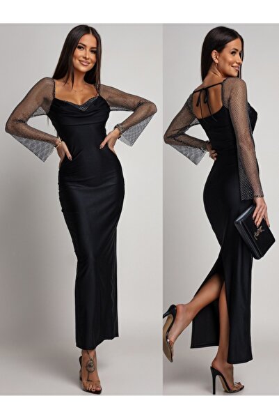 ADAMODA.RO Κομψό μακρύ φόρεμα με κρυστάλλινες εφαρμογές