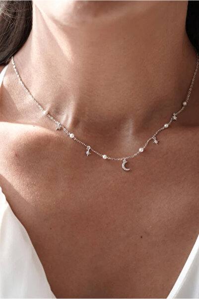 AŞIK ACCESSORIES Ay ve Yıldız Charmlı İncili Kolye - 925 Ayar Gümüş