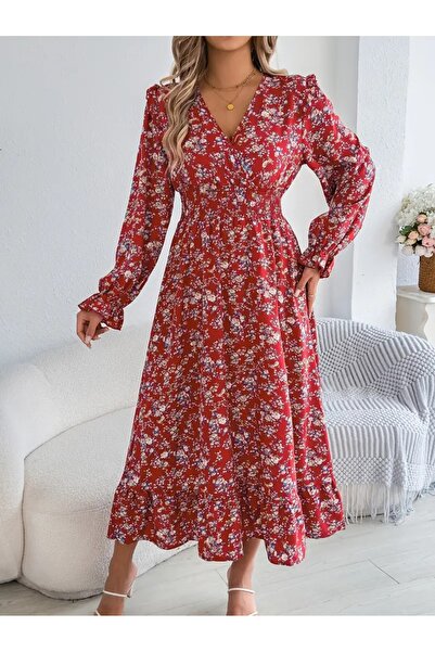 Iuliashop Rochie midi florală roșie Elisa - M