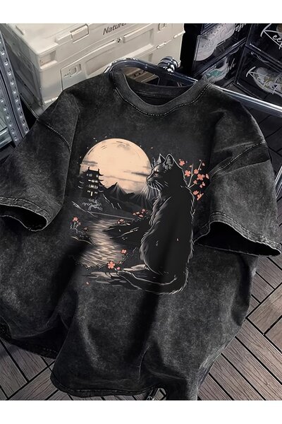 Le Savu Tricou unisex oversize lavabil cu imprimeu Mysterious Cat