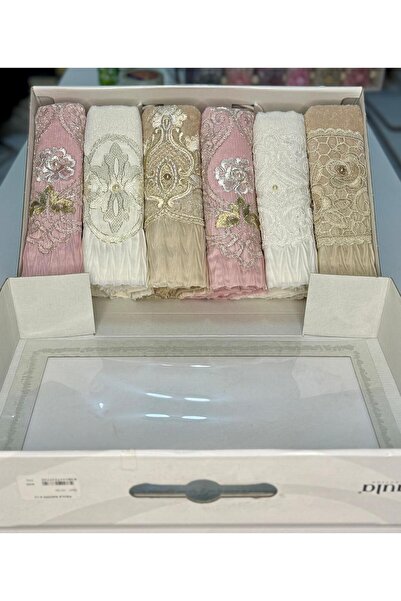 in disco KUTULU ÇEYİZLİK EL YÜZ HAVLUSU Saten Işleme Desenli Güpürlü Kutulu L...