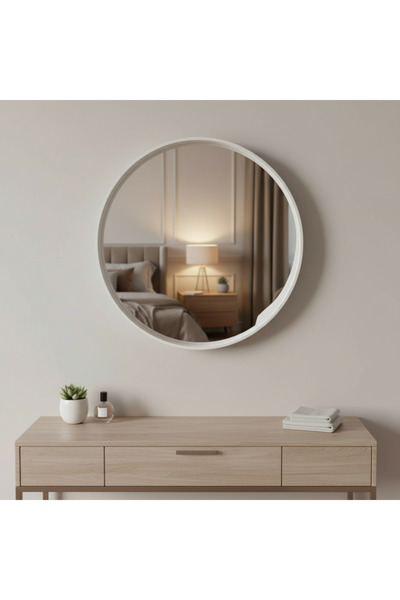 Ebticar Round Wall Mirror with White Wooden Frame – Stylish Modern Touch